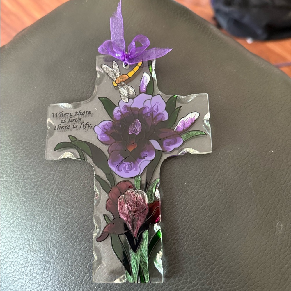 Hand Painted Joan Baker Designs Cross Suncatcher Where There Is Love 4”  X 6”